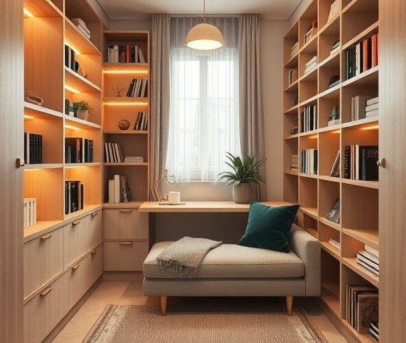 Jak ustawić meble do biblioteki domowej w pokoju 8 m² z kanapą?